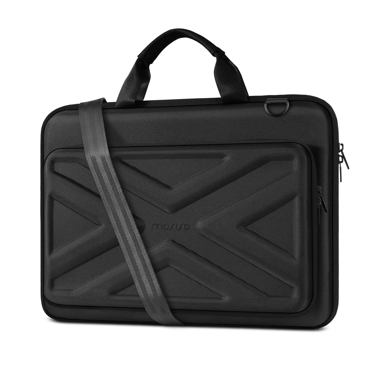 Grey 16-inch messenger laptop bag with hard EVA shell, adjustable padded shoulder strap, PU handle and trolley belt