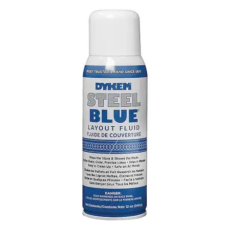 Blue aerosol can labelled Dykem 80000 Steel Blue Layout Fluid 12 oz
