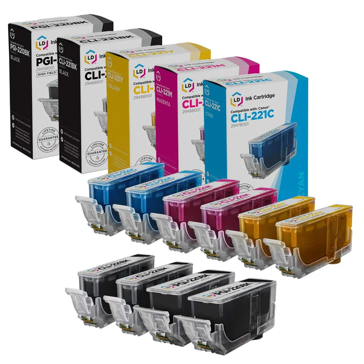 Ten rectangular ink cartridges in black, cyan, magenta, yellow packaging