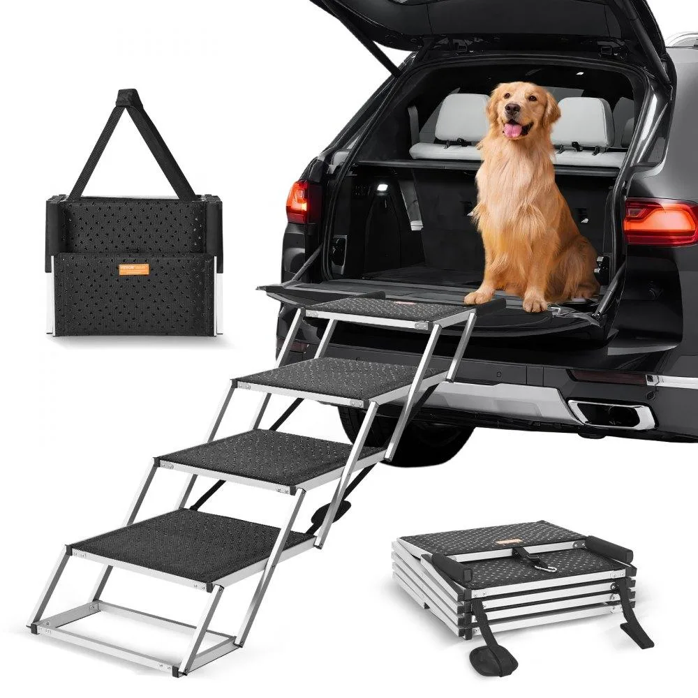 Silver aluminium four-step folding dog stairs, lightweight frame with wide treads