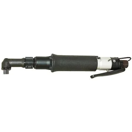 Silver pneumatic angle nut runner with adjustable clutch, 3/8 inch square drive, rear exhaust, suspension bail and comfort grip