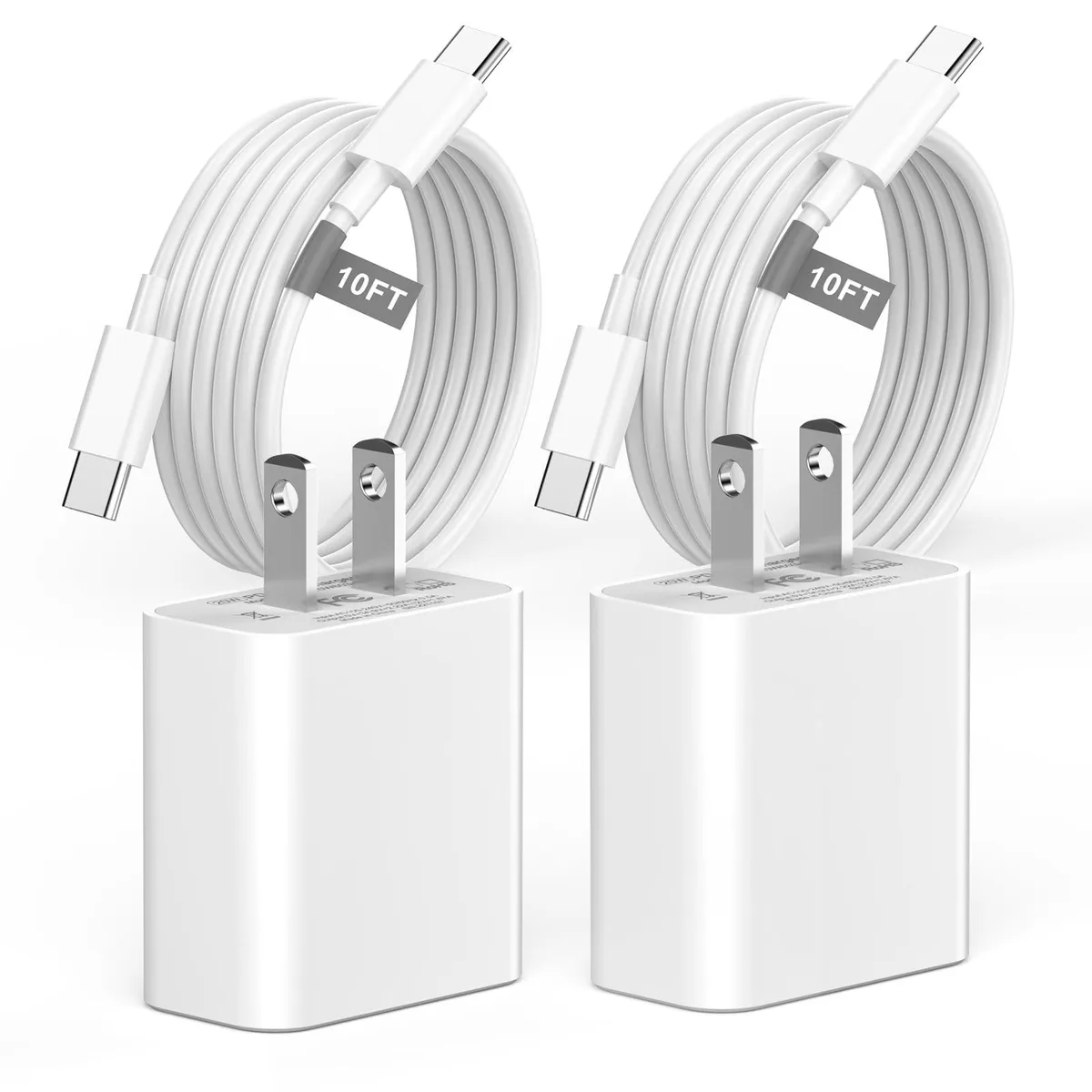 Two white 20W USB-C wall chargers with 10ft white USB-C cables