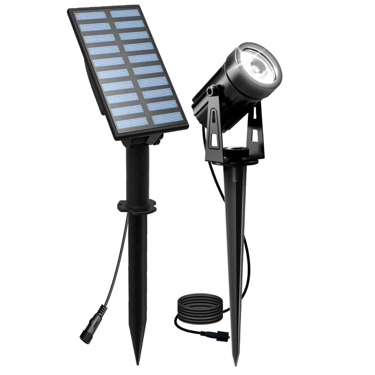 Two black solar spotlights with adjustable heads and separate panels