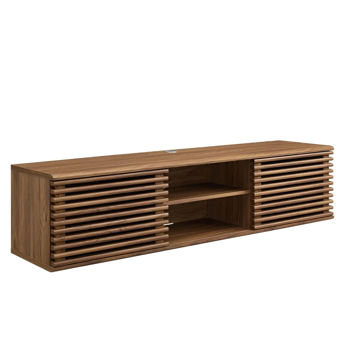 Walnut wall-mount media console with two sliding doors and adjustable shelf