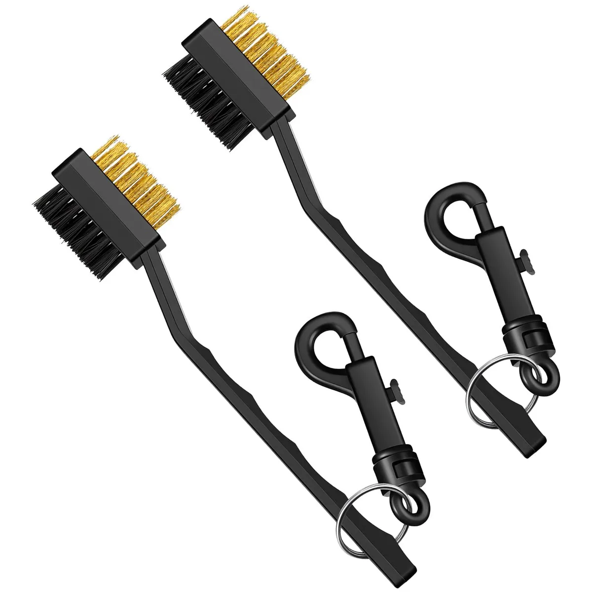 Two black golf brushes with dual-sided steel and nylon bristles, ergonomic handles and bag clips