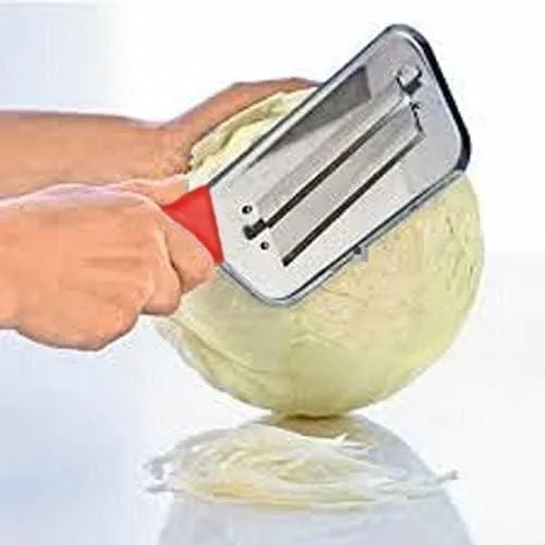 Red cabbage shredder with dual stainless steel blades and soft silicone handle, 11.5 inches long
