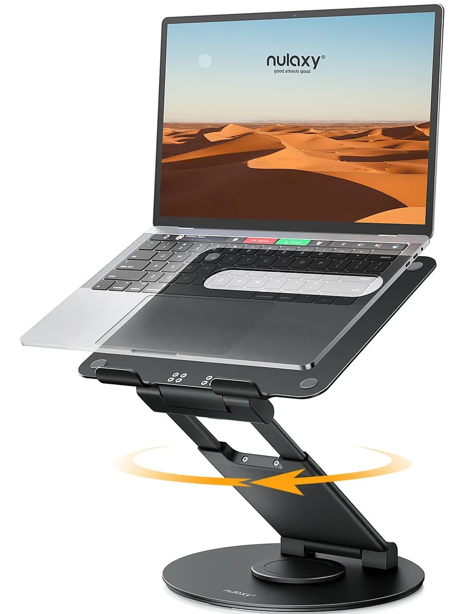 Black aluminium laptop stand with telescopic riser, 360° swivel base, folded height 2.13 inches