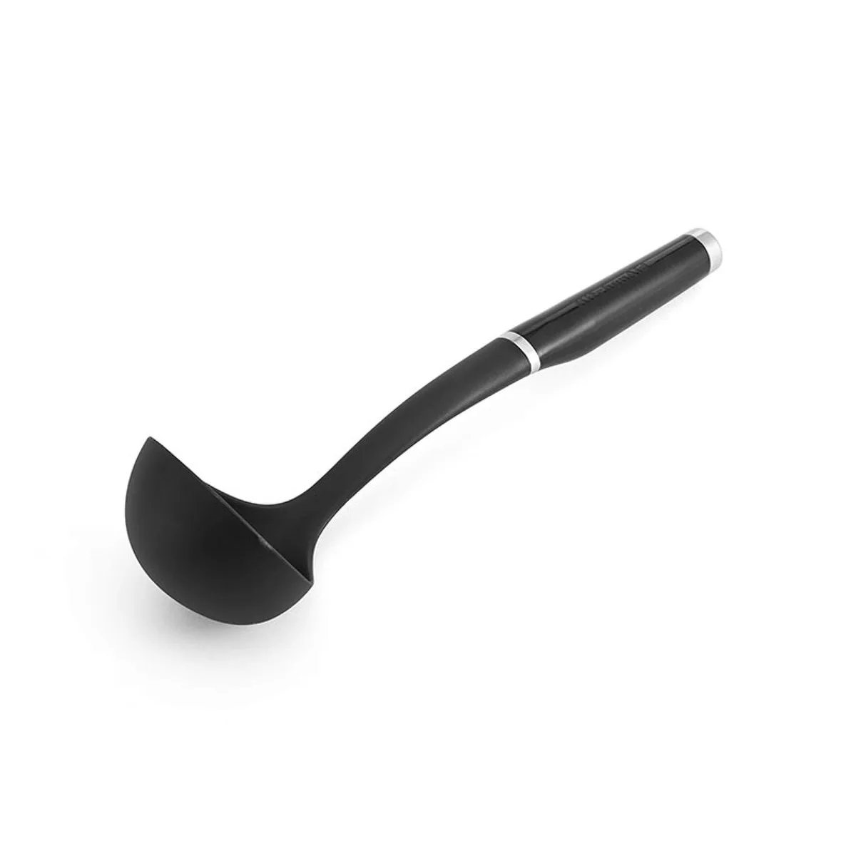 Black nylon ladle with glossy black handle and chrome bolster, 12 inch bowl