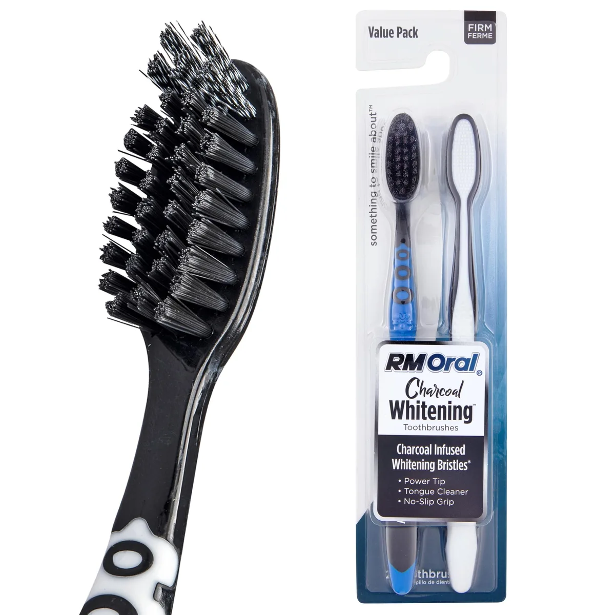 Two charcoal manual toothbrushes with spiral power tips and tongue cleaners