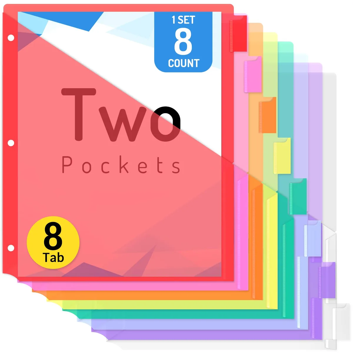 Red plastic binder dividers with eight multicolored tabs and slash pockets on both sides