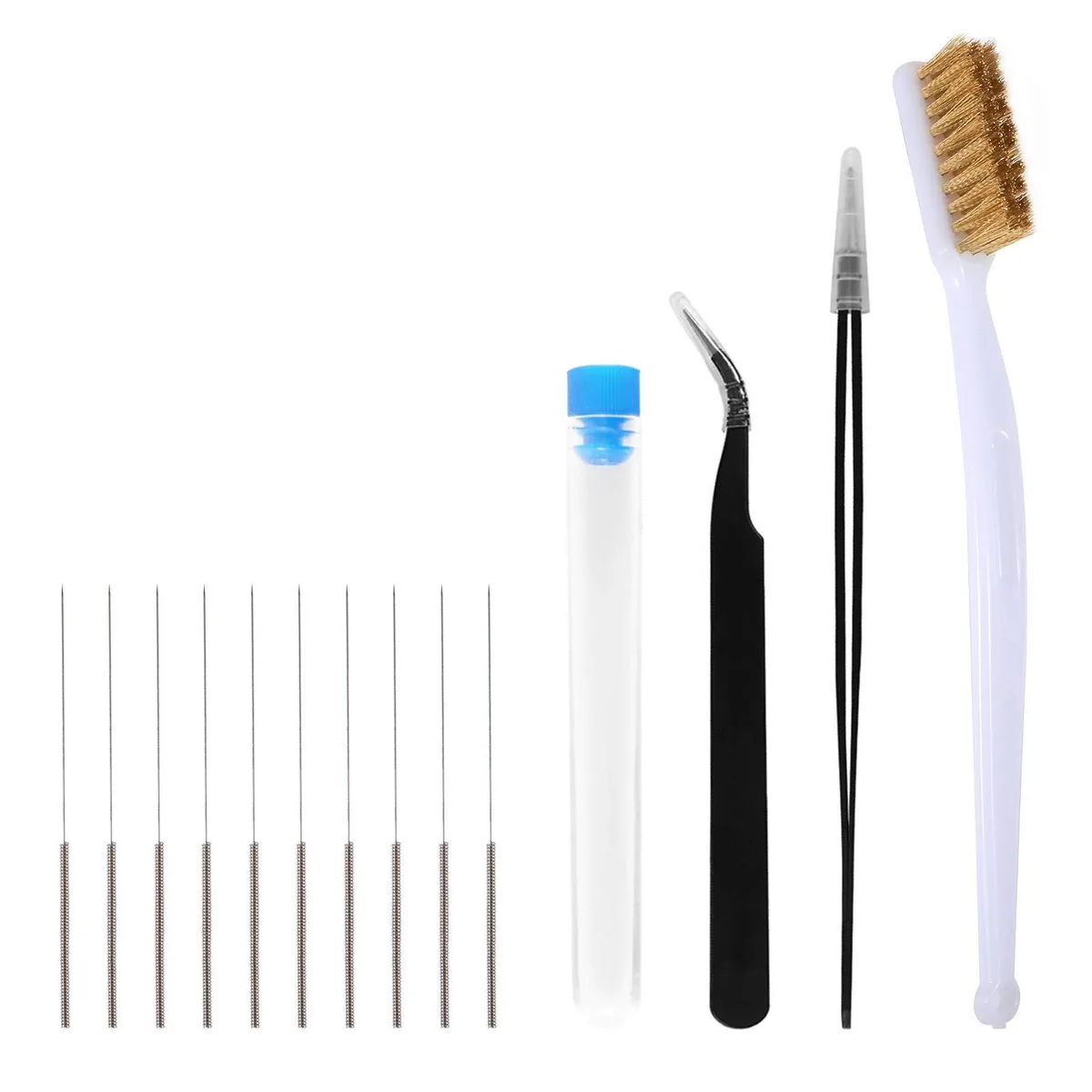 Aokin US01-1 14-piece 3D printer nozzle cleaning kit with ten 0.4mm needles, two tweezers, and a brass brush