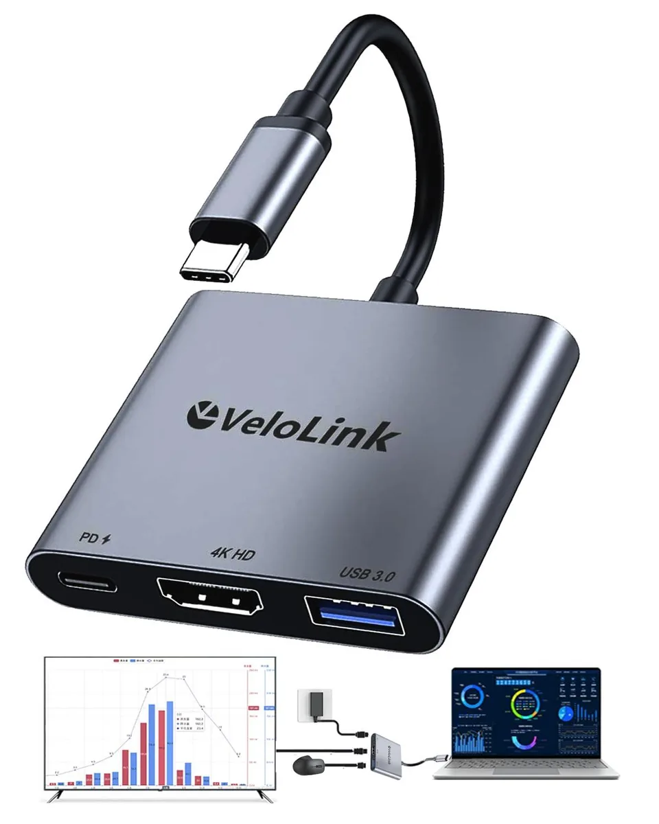 Compact dark-grey USB-C hub with HDMI, USB-A and PD ports
