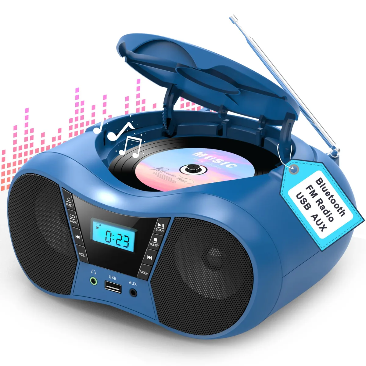 AUDIOVOX CD-X9B Boombox CD Player Blue 12W Bluetooth 5.1 — product photo
