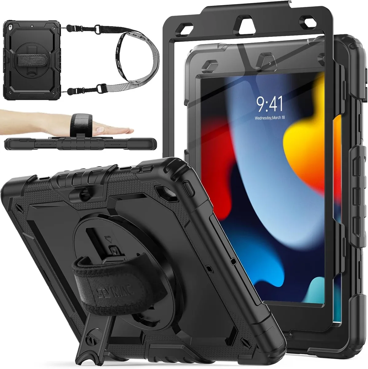 Black shockproof iPad 10.2 case with rotating hand strap and stand