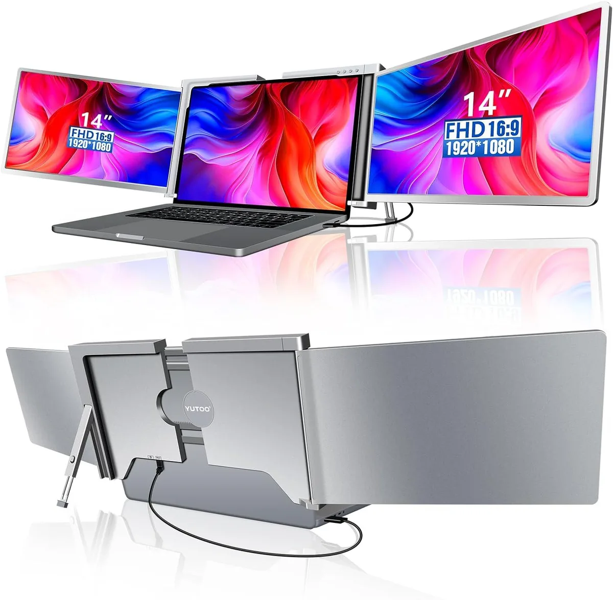 Grey triple-screen extender with two 12-inch IPS panels folding from a central hinge, matte finish, built-in kickstand and carry case