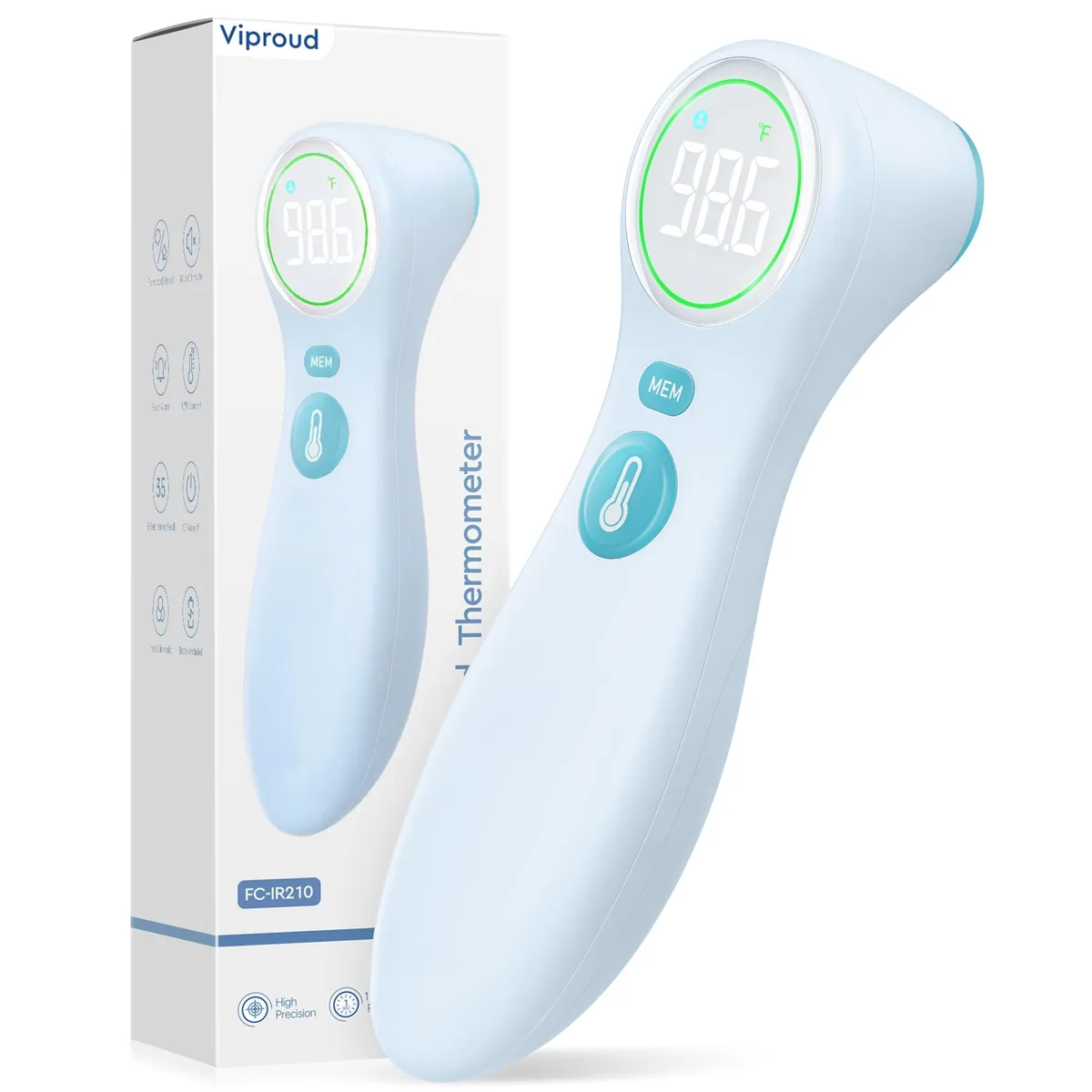 Blue hand-held infrared thermometer with curved grip and color-coded fever indicator ring