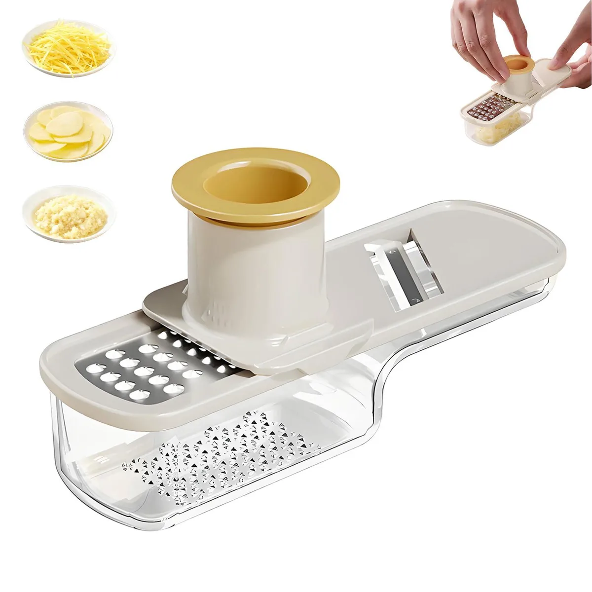 White compact mandoline slicer with transparent container and stainless steel blades