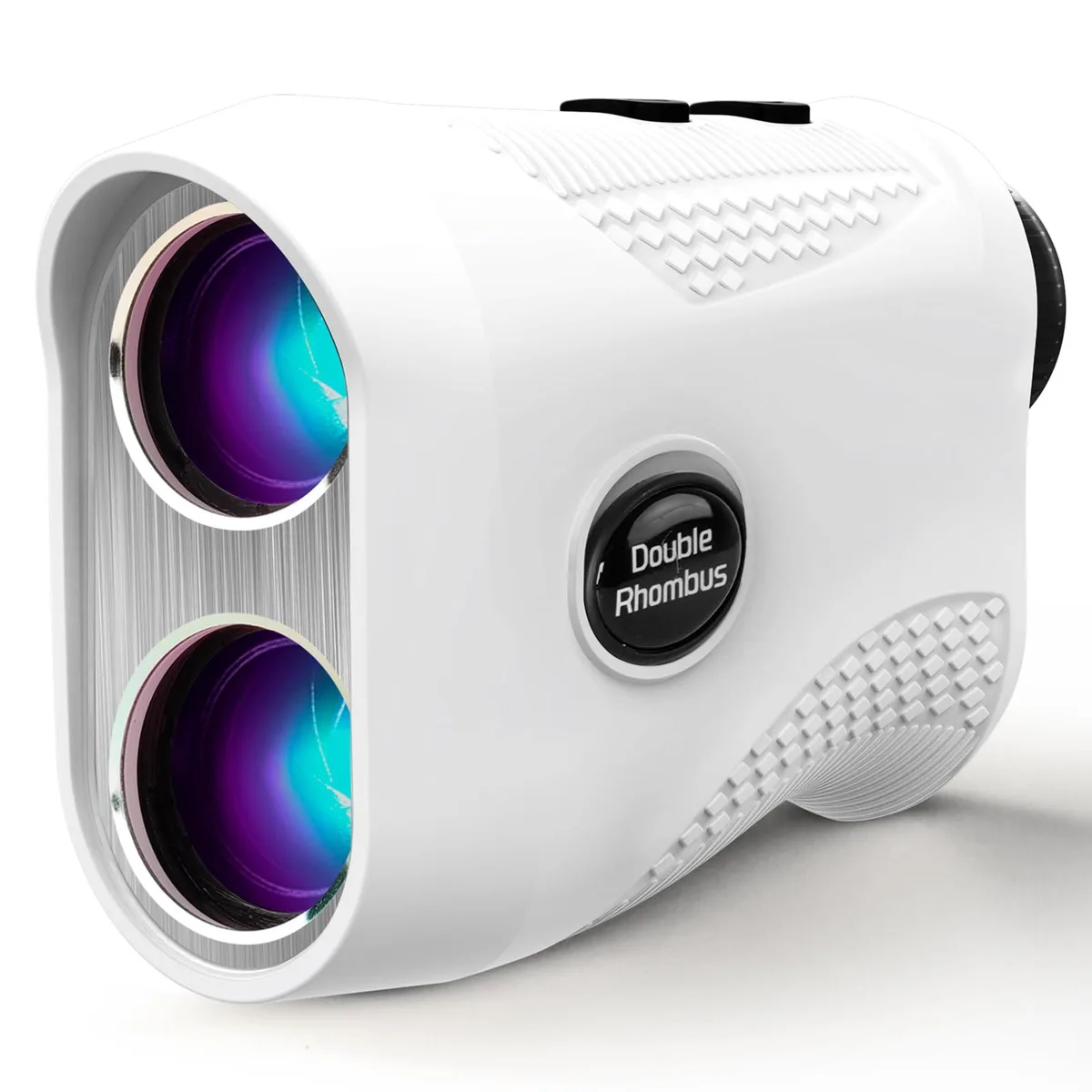 White handheld golf rangefinder with LCD screen, magnetic stripe and USB-C port, 2.8 by 1.54 by 4.33 inches