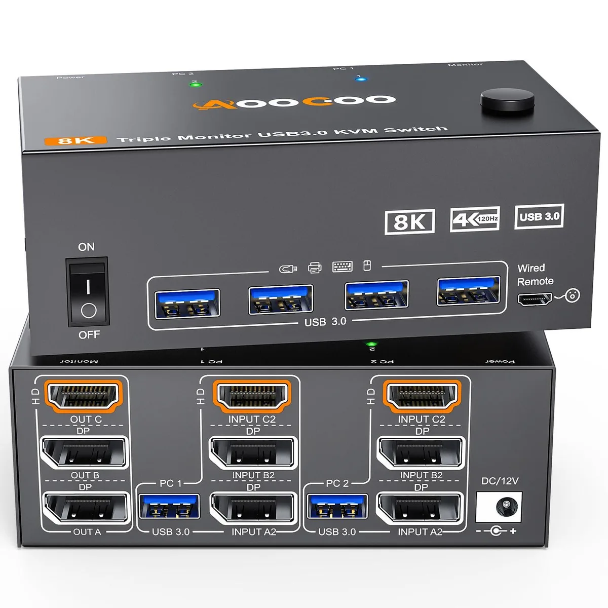  TRENDnet AO203DH-0522 8K@60Hz 4K@144Hz 2-PC 3-Monitor KVM Switch — product photo