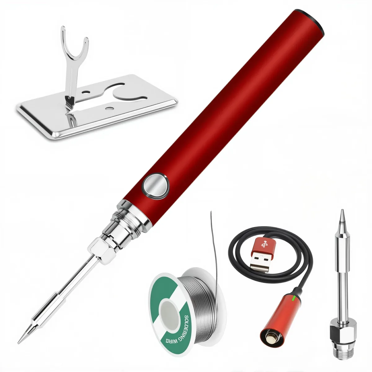 Red portable soldering iron with built-in 1100 mAh battery, compact 7.3 inch body