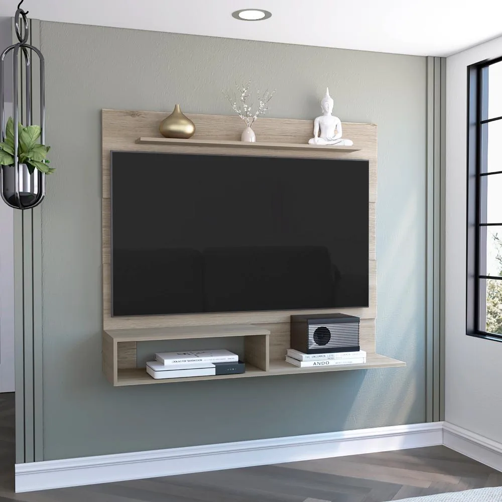 Light pine wall-mounted TV unit with three shelves