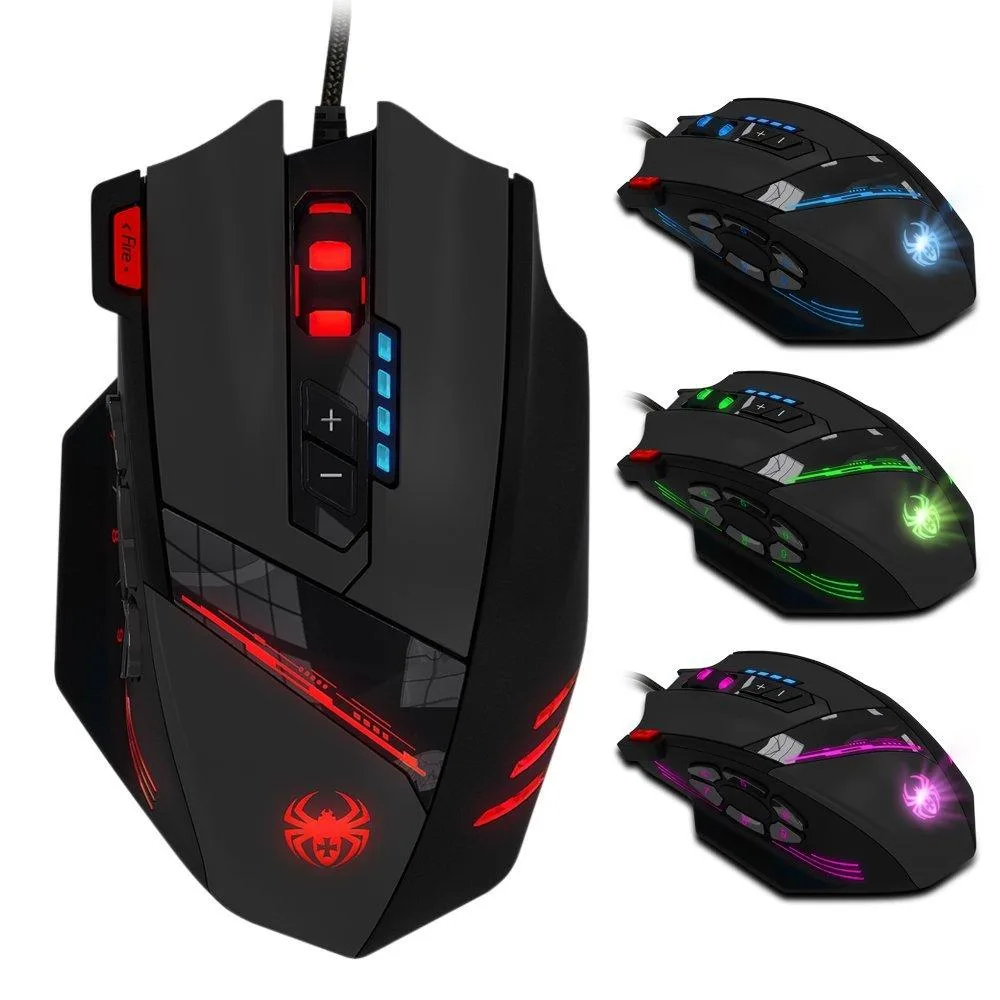 Black ergonomic gaming mouse with 12 programmable buttons, RGB lighting, braided cable and adjustable weights