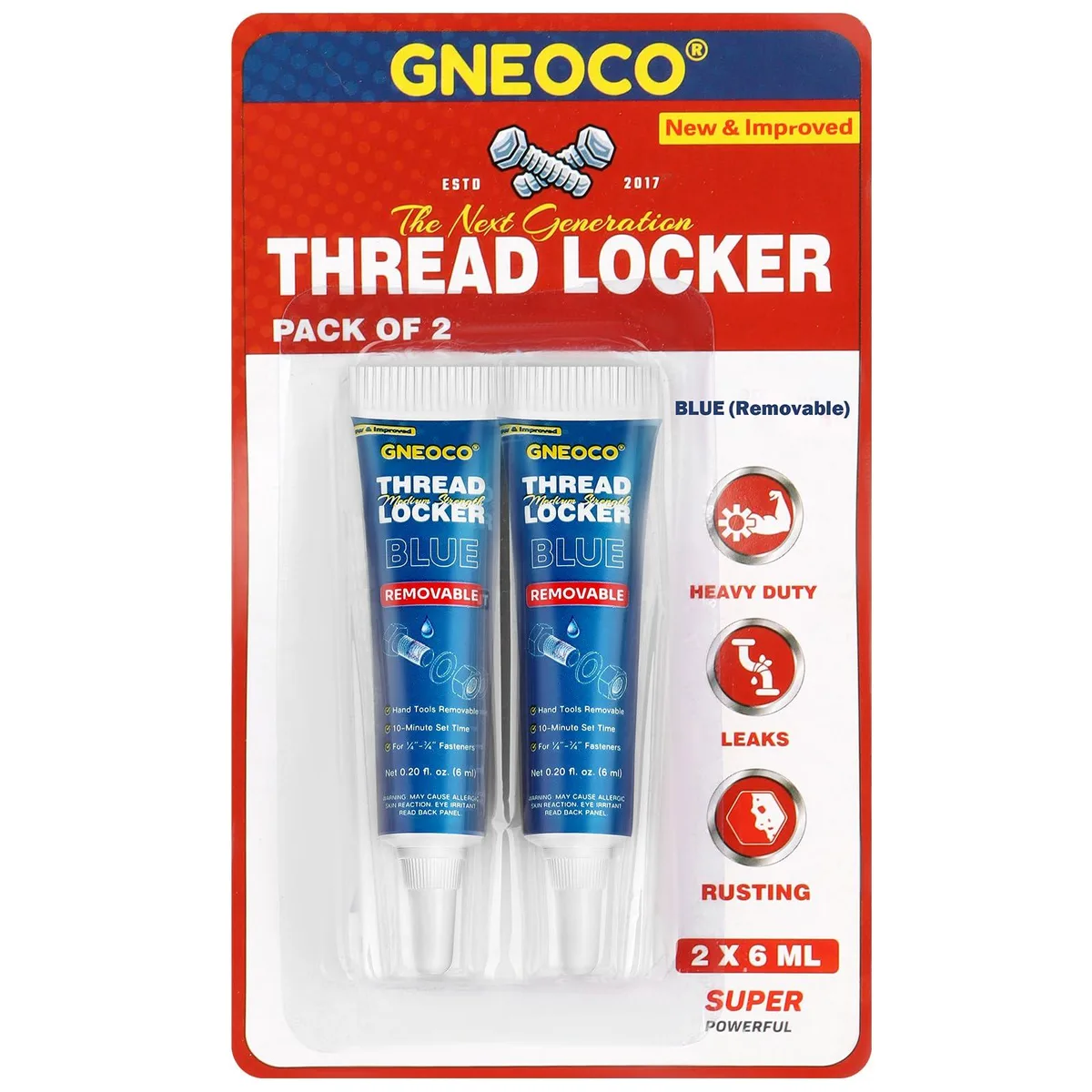 Two small blue bottles of threadlocker liquid