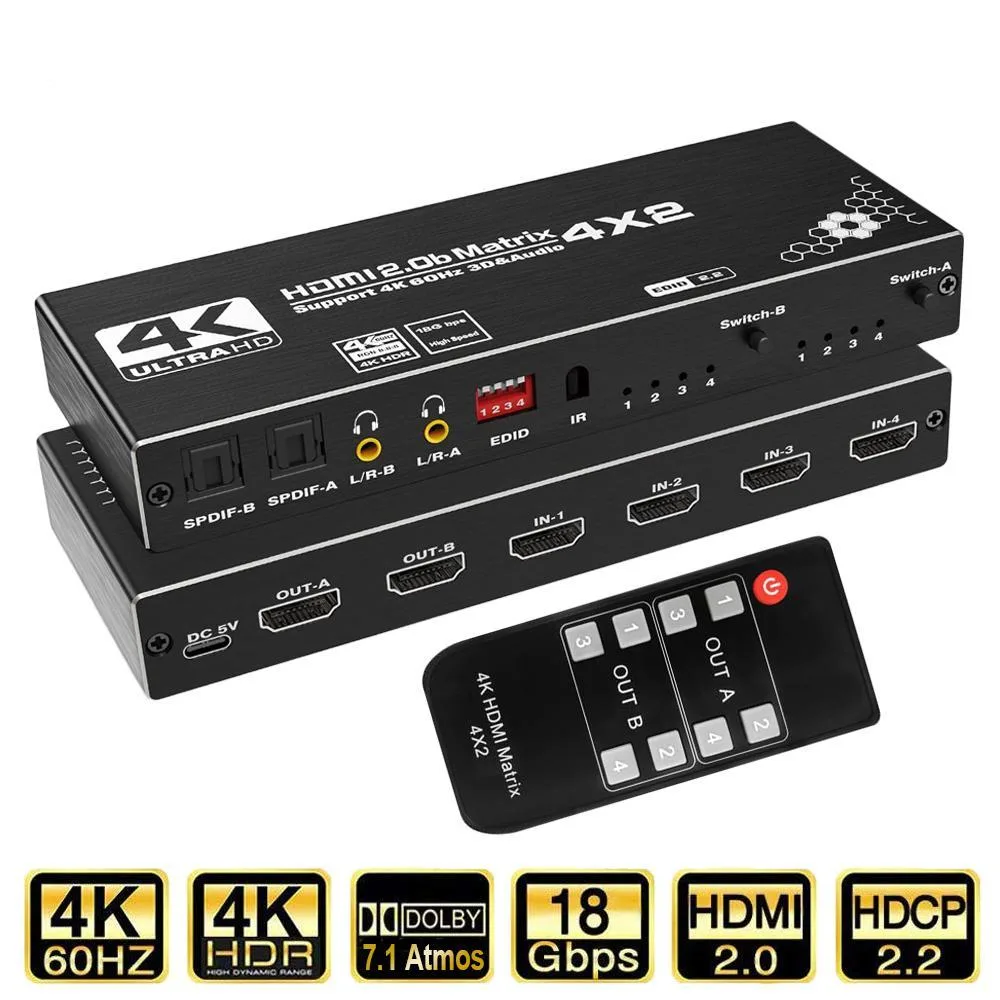 Black rectangular HDMI matrix switch with four inputs and two outputs, front panel buttons and IR receiver
