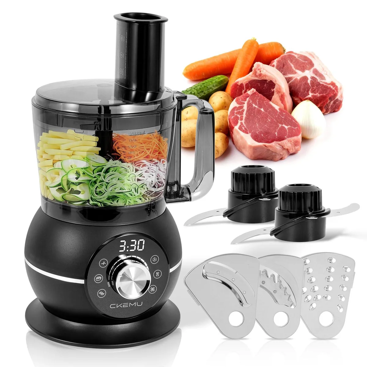 Black 12-cup food processor with digital control panel and multiple blades