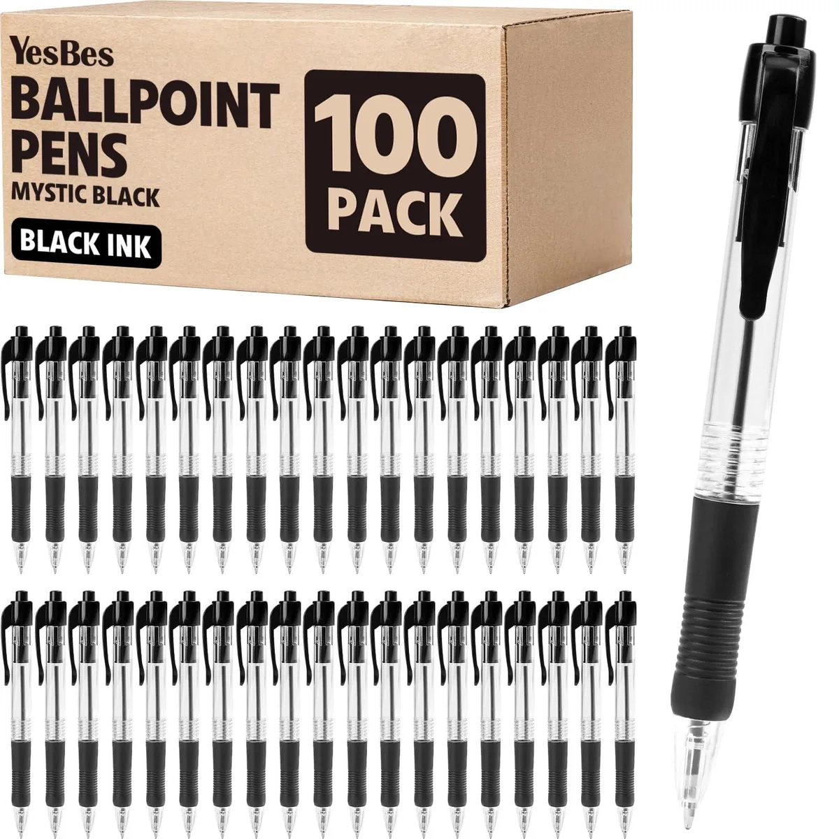 Box of 100 retractable blue ballpoint pens with leather finish grip