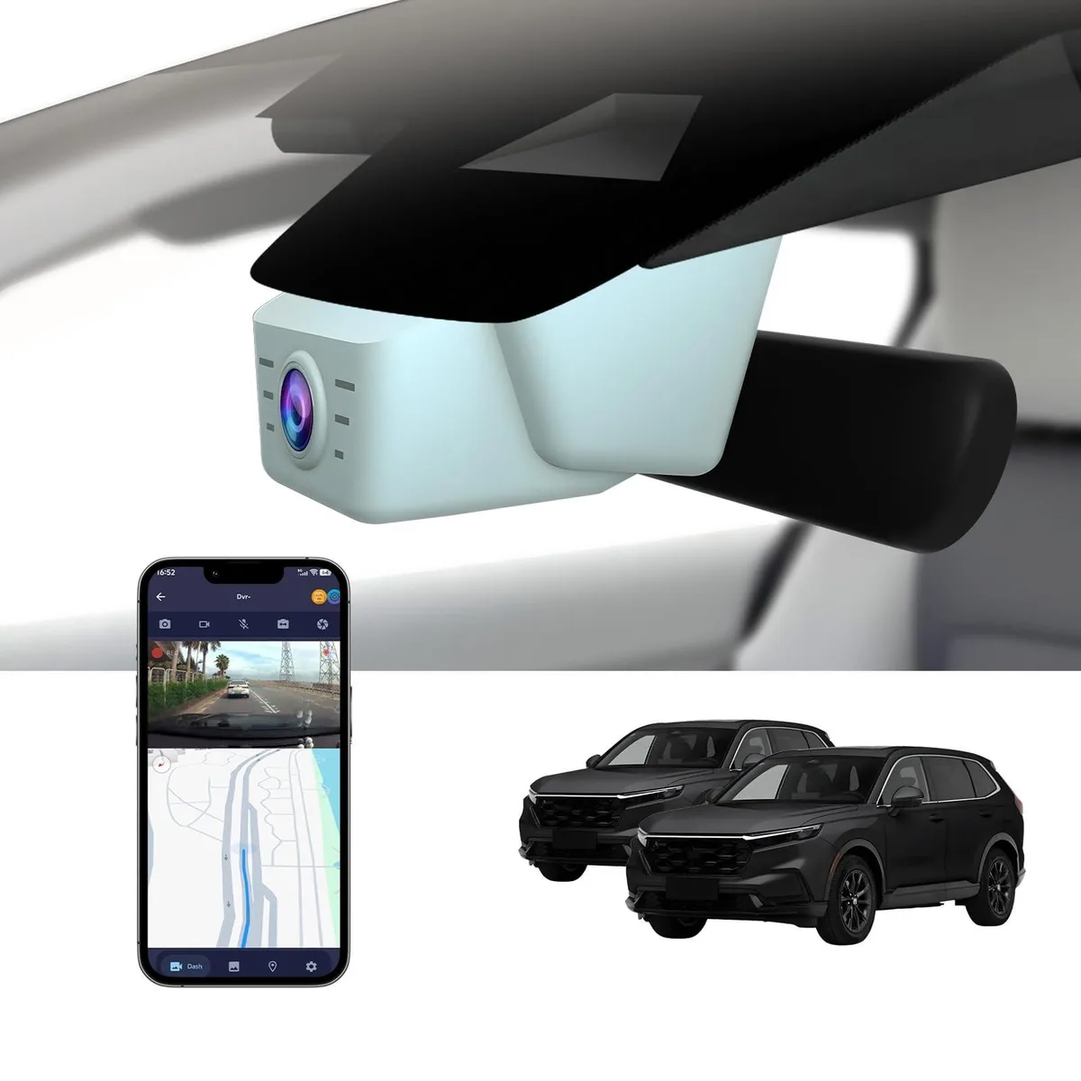 Grey dash cam with compact rectangular body and lens facing forward