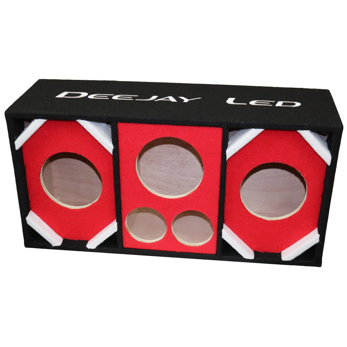Red speaker enclosure with dual six-inch woofers, tweeters and horn