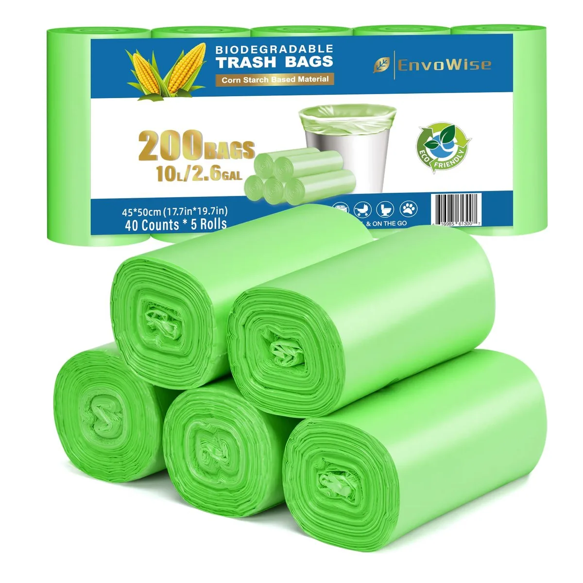 A pack of 200 light green 10L biodegradable garbage bags