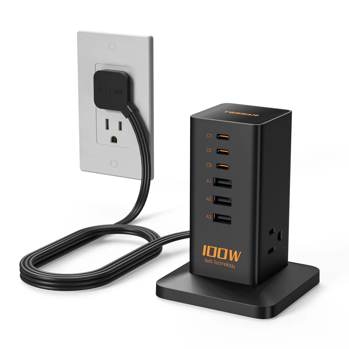  TESSAN TS-CS03 100W USB Charger 3AC 3USB-C 3USB-A Black — product photo