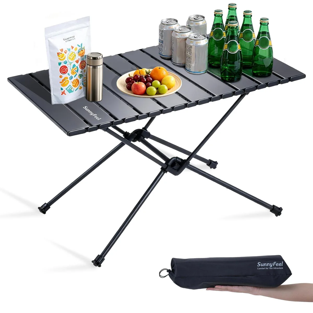 Black foldable aluminum camping table with carry bag, compact rectangular shape, matte finish