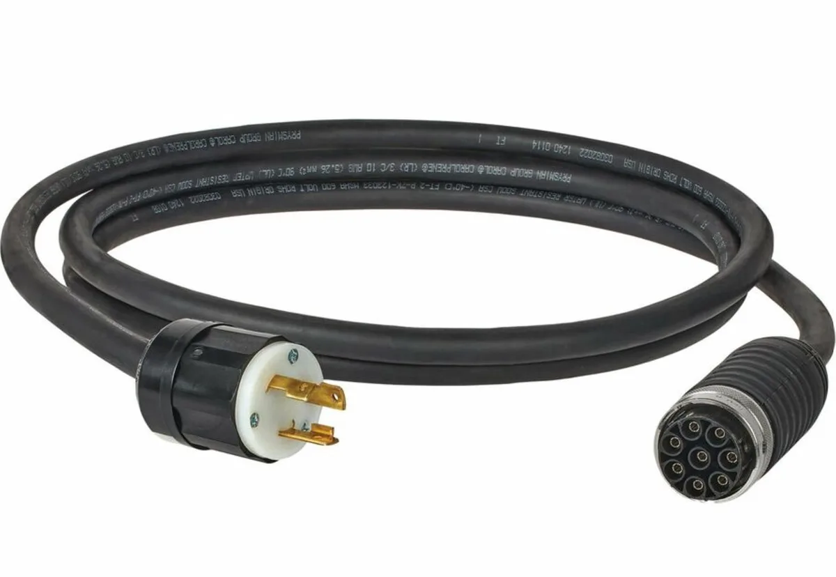 Black power cord with L6-30P plug, coiled, ten feet long