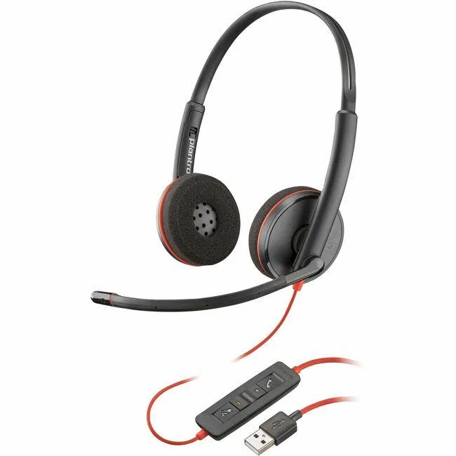 Black on-ear headset with dual ear cups and boom microphone