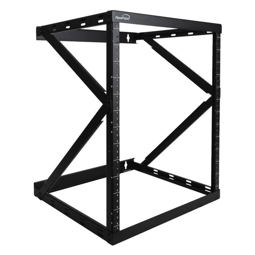 Black 12U two-post open frame wall mount rack 18 inches deep