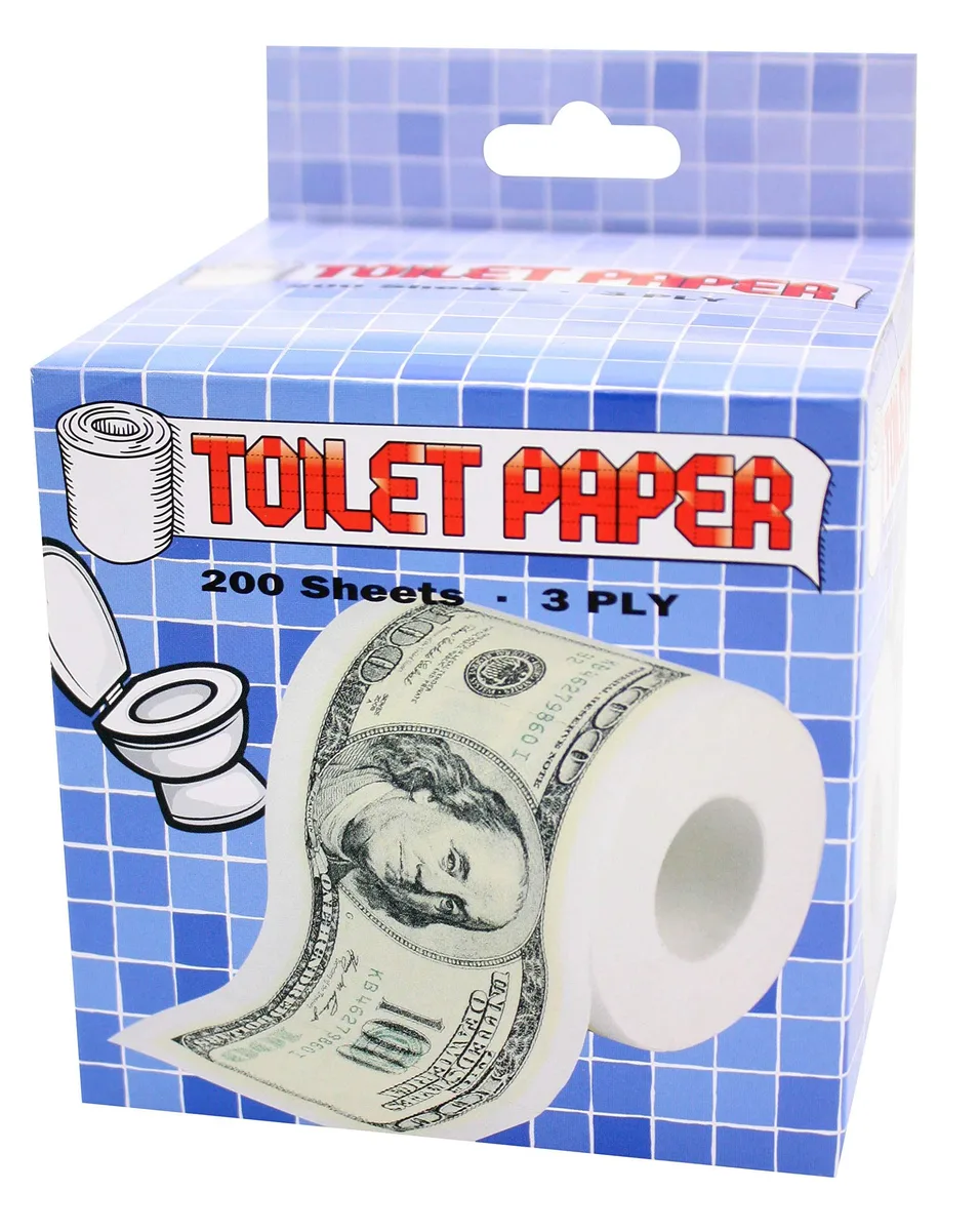 Novelty toilet roll printed with fake currency graphics