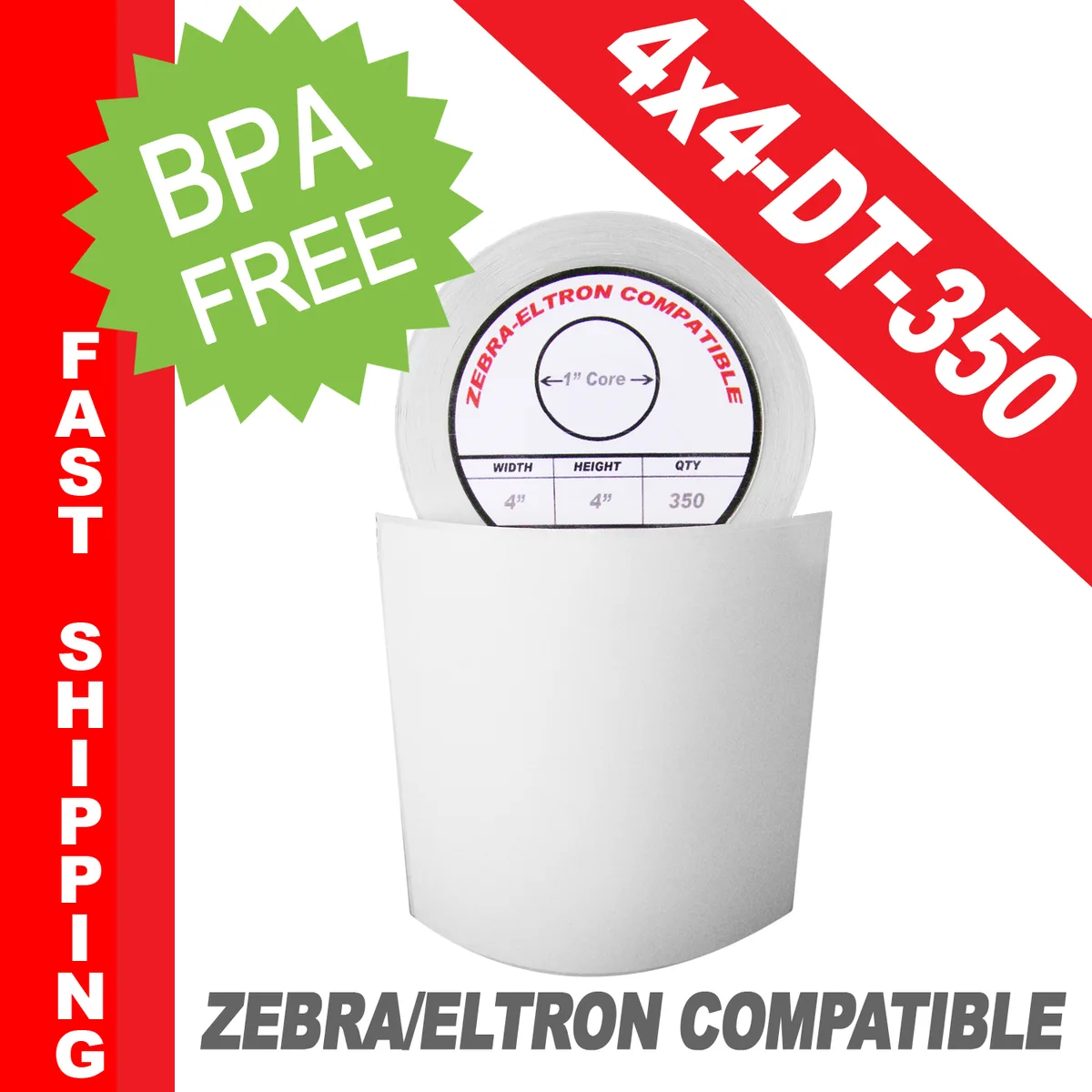 A roll of white square direct thermal labels with a one-inch core and perforated edges