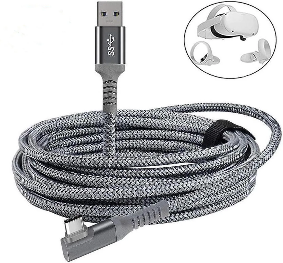 Ten-foot nylon-braided USB A to C cable with 90-degree connector, silver-black finish