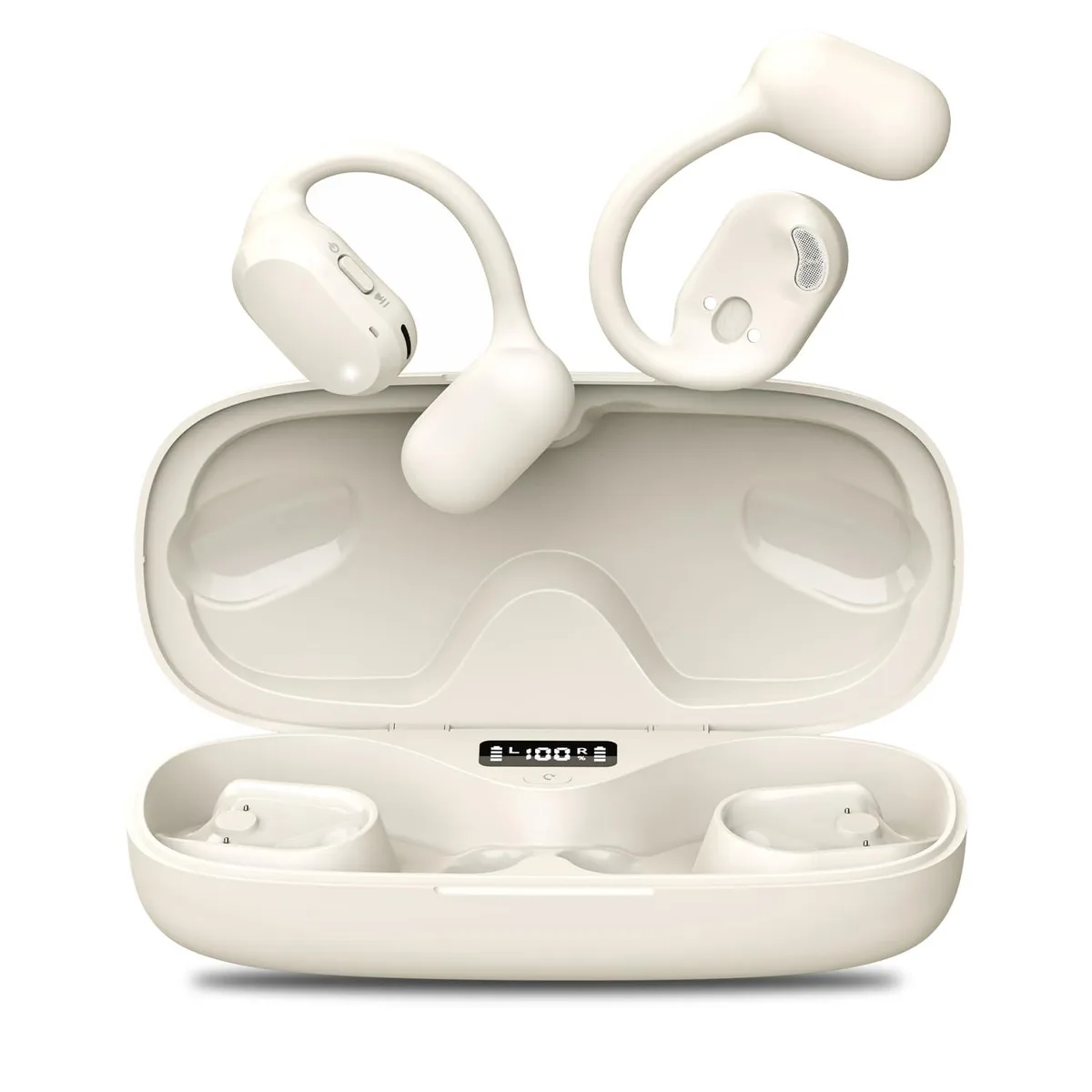 Beige open-ear wireless earbuds with silicone ear hooks and LED charging case