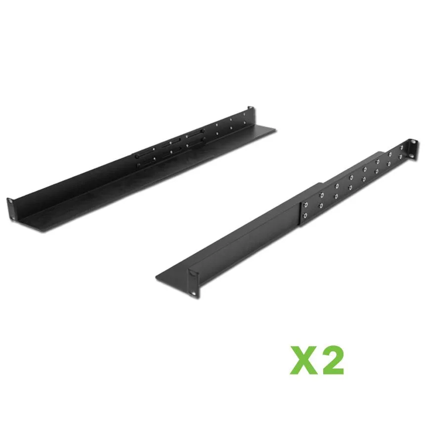 Two black 1U steel shelf rails with adjustable depth and nested floor design