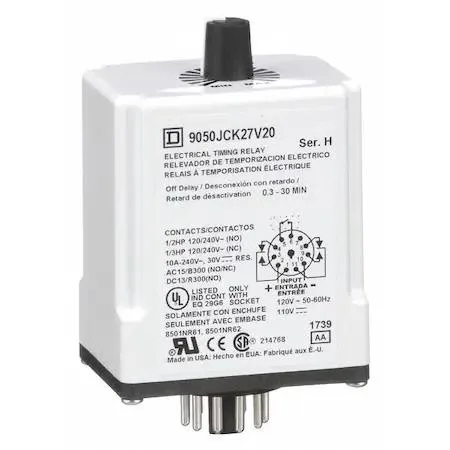 Square D octal time-delay relay, sealed grey body, eleven flat pins, rotary knob on top