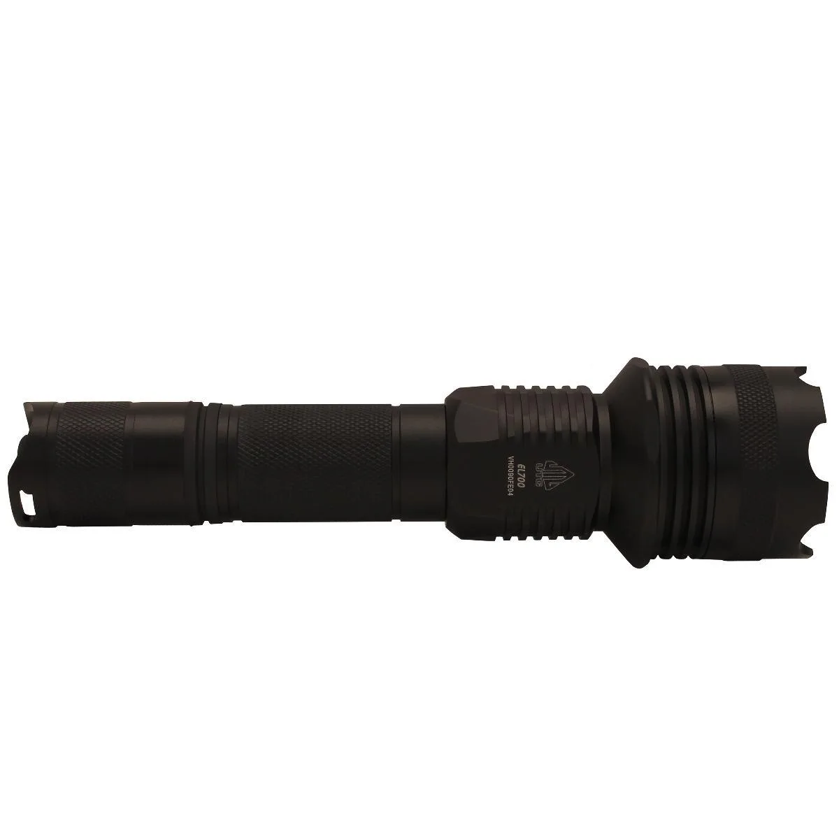 Black cylindrical flashlight with textured grip and rubber end cap button