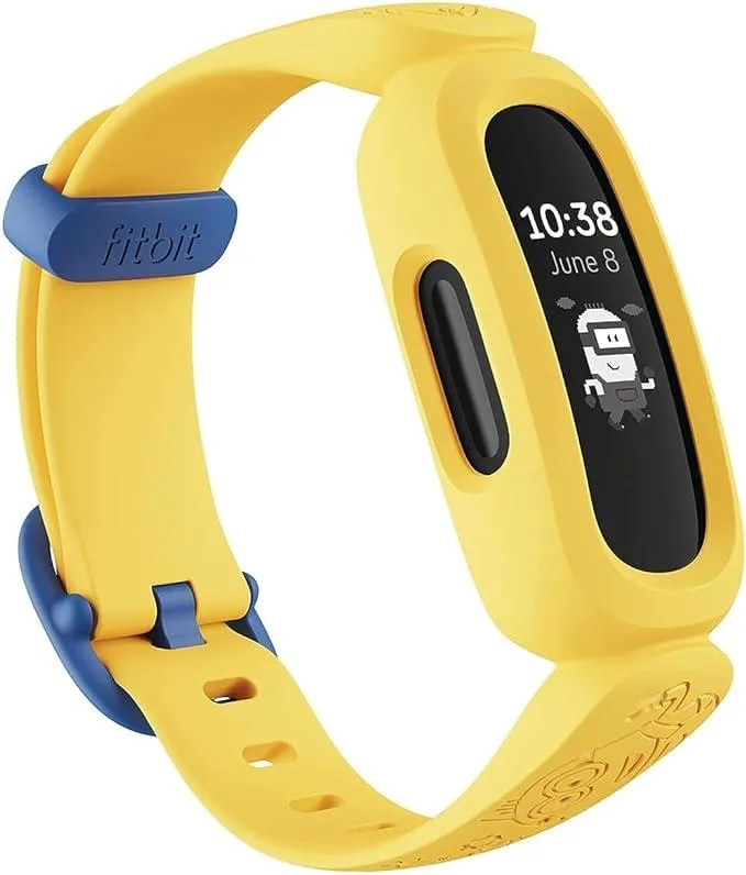Yellow wristband tracker with Minions graphics, child-size band, buckle clasp