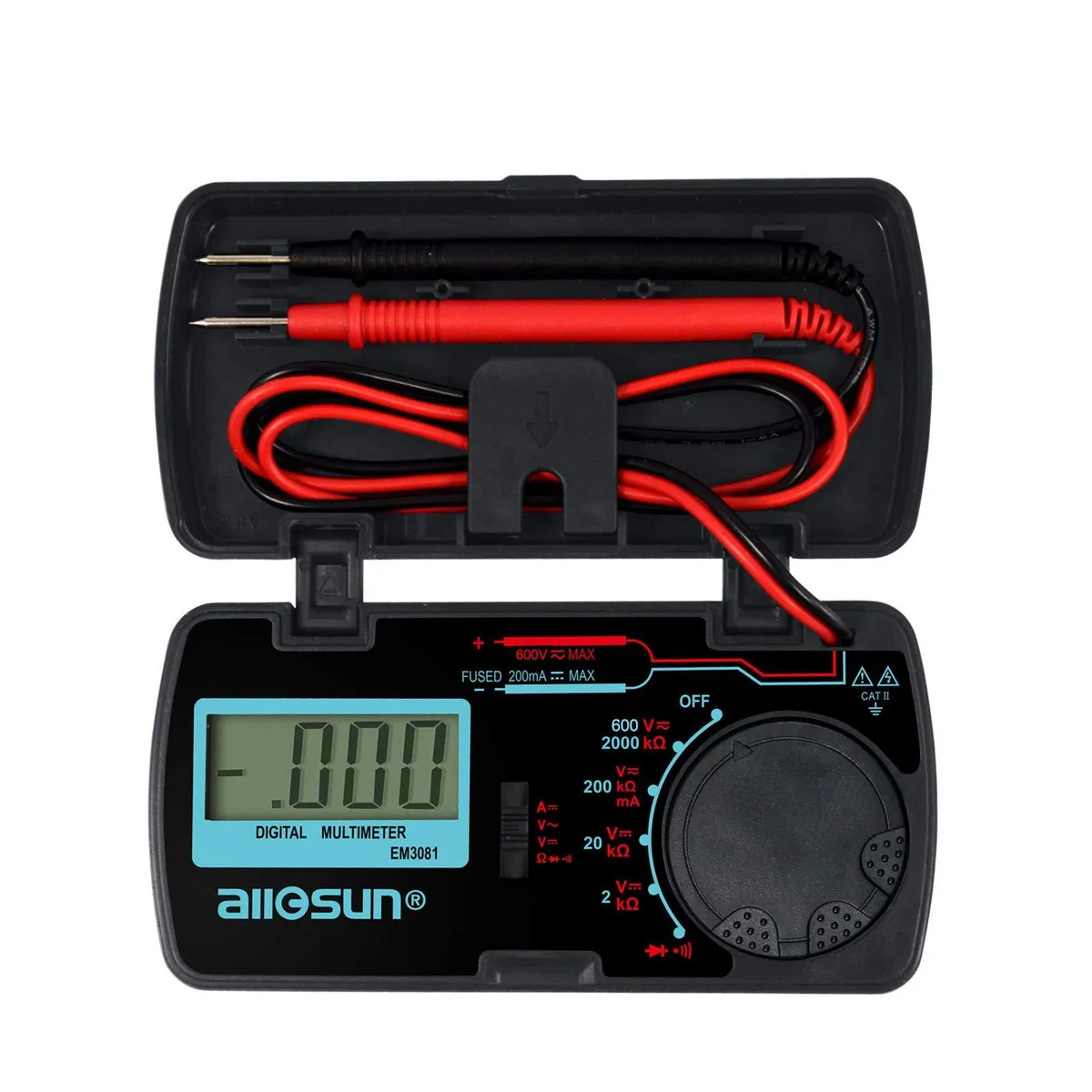 Compact pocket digital multimeter with LCD display and test leads