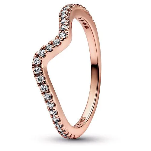 Sterling silver wave ring with rose gold plating and clear cubic zirconia row size 54