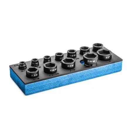 Twelve short chrome-moly sockets in a low black tray