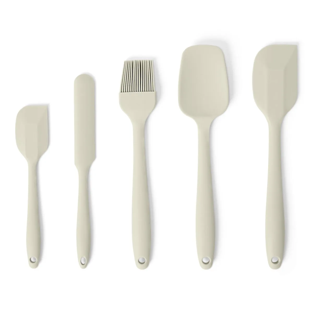Five linen-gray silicone utensils on a surface